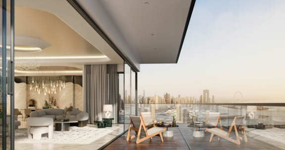 High-rise luxury apartment balcony with panoramic skyline views, modern outdoor furniture, and elegant interior lighting design