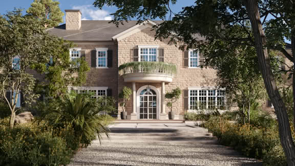 Classic luxury stone mansion with symmetrical architecture, landscaped gardens, and elegant entrance facade