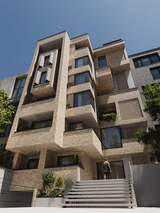 Modern apartment building with balconies and greenery.