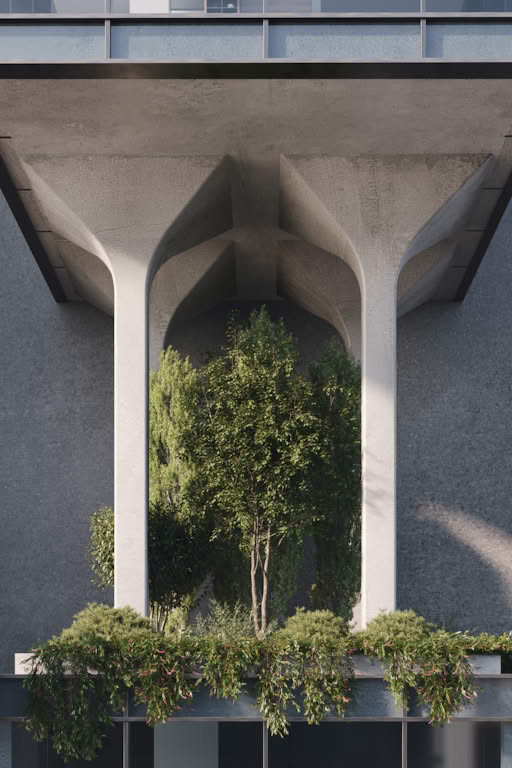 A close-up detailed shot of a modern architectural design featuring arched openings and lush greenery.