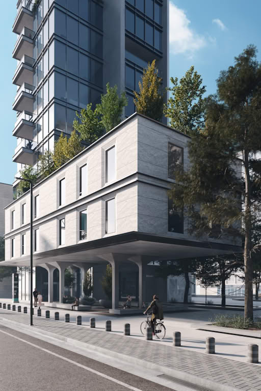 Modern building with balconies and trees in front of a street scene.