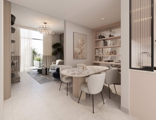 A modern dining area with a marble table and chairs in well-lit apartment.
