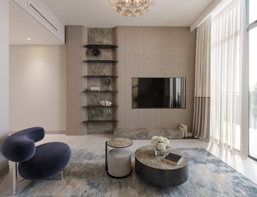 Modern living room with marble shelves, TV, and blue velvet chairs.
