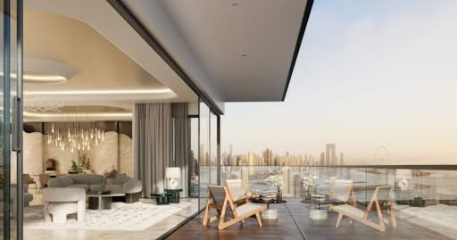 Modern living room with panoramic city view and outdoor seating.