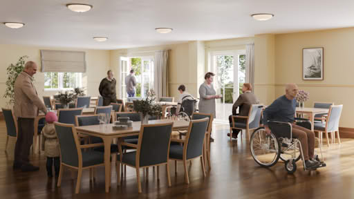 People in a dining area of an elderly home care facility.
