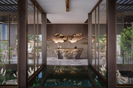 A modern cafe interior with a rock-inspired counter and hanging gold light fixtures.