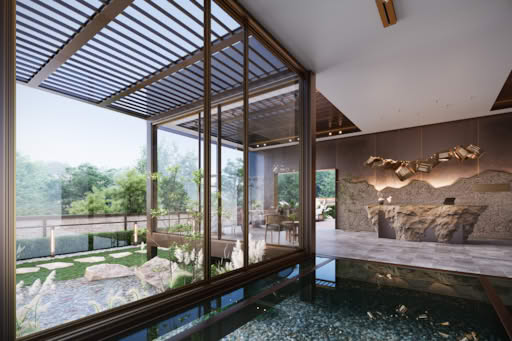 Modern indoor-outdoor space with large windows, stone table, and garden view.