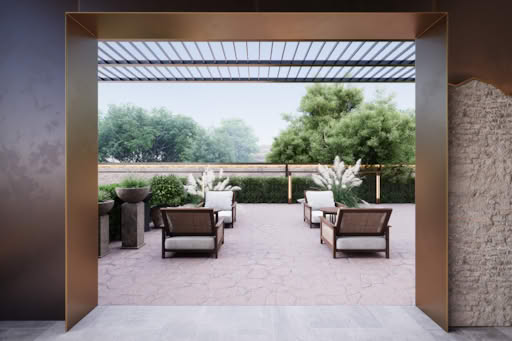 A modern outdoor seating area with wooden furniture and potted plants under a pergola.