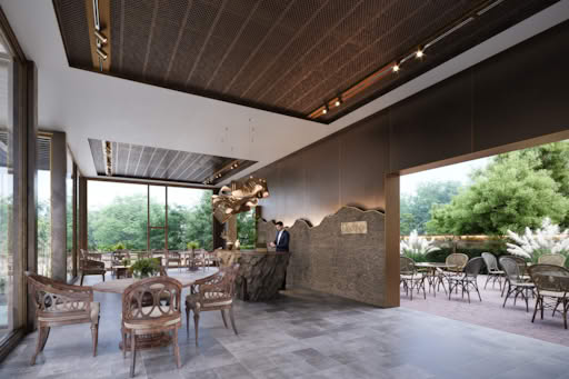 A modern cafe with wooden furniture, a rock-like counter, and large windows overlooking greenery.