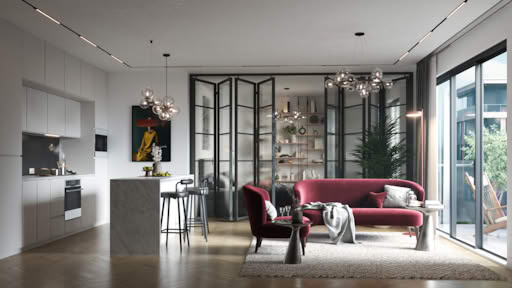 Modern European studio apartment with red sofa, glass chandelier, and open kitchen.