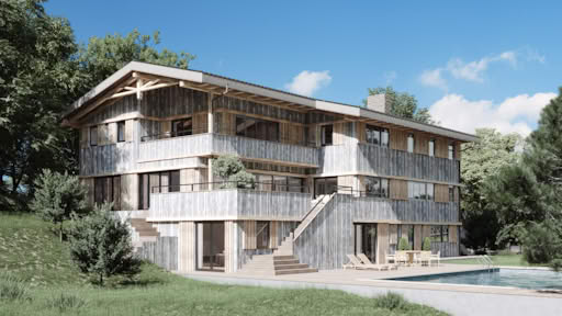 A modern wooden villa with balconies and a swimming pool.