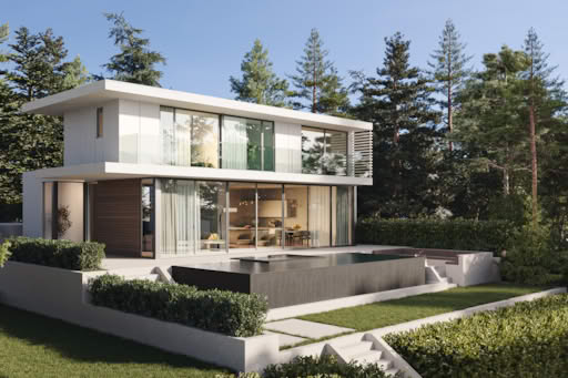 Luxury glass-front villa in Toronto, Canada featuring floor-to-ceiling windows, flat roof design, and infinity pool with landscaped garden.