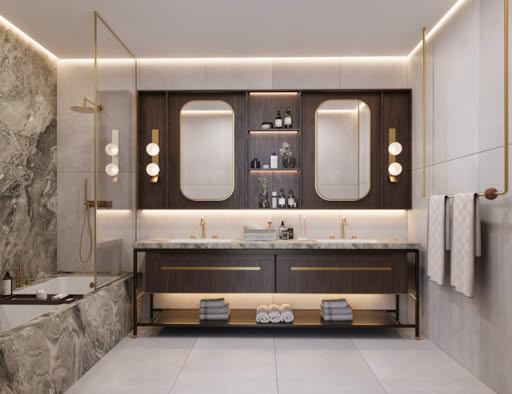 A luxurious bathroom featuring a double vanity with marble countertop, wooden cabinets, and gold accents.