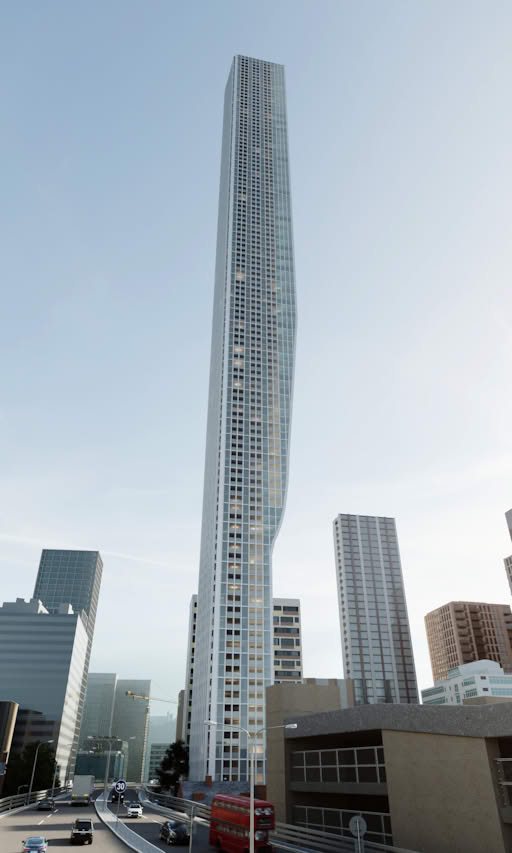 A modern skyscraper with a curved facade stands tall in cityscape.