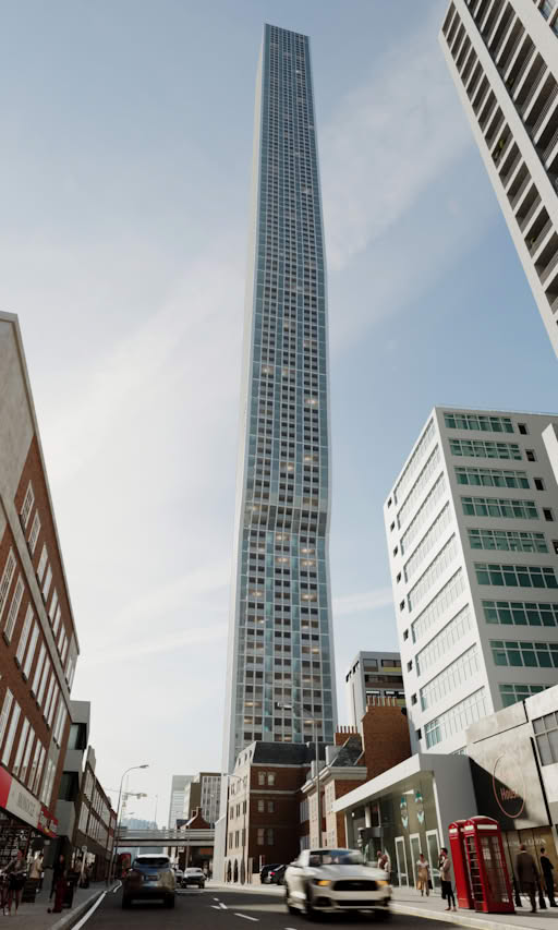 A tall skyscraper dominates a city street with modern buildings and vehicles.