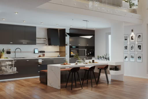 Modern kitchen with dark cabinets, white marble island, and wooden floor.