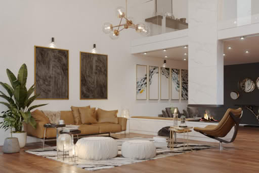 A modern living room with a tan sofa, abstract art, and cozy fireplace.