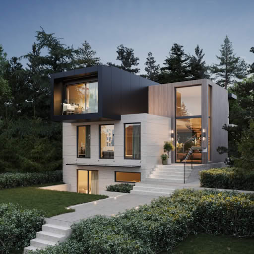 Modern cube-style villa in Toronto, Canada with black and wood paneling, large glass windows, and elevated entrance surrounded by greenery.