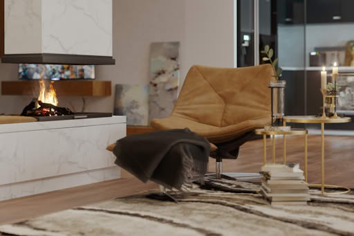 A cozy living room with a leather chair, fireplace, and modern decor.