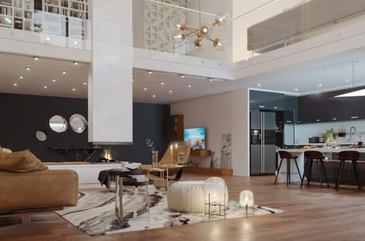 A modern living room with a fireplace, leather furniture, and kitchen in the background.
