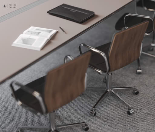 Close-up of modern conference room table with wooden chairs, open magazine, black leather folder, and pencil on desk.