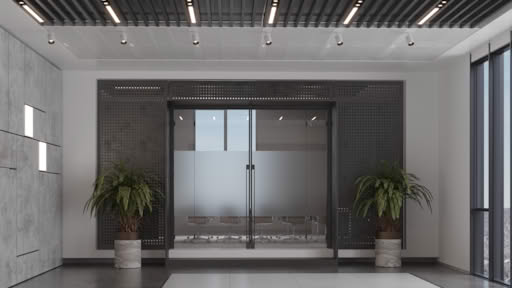 Elegant office conference room with frosted glass double doors, modern swivel chairs, and decorative plants on marble planters.