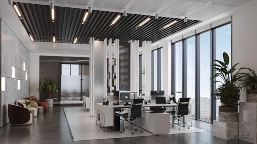 Contemporary office interior with open plan workstations, lounge seating area, decorative plants, and sleek ceiling lights.