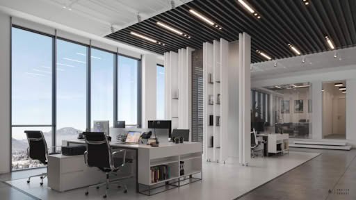 Modern open workspace interior with large windows, ergonomic chairs, minimalist desks, and panoramic mountain view.