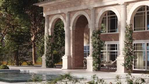 Luxury stone mansion in the USA featuring arched colonnade architecture with climbing vines and a private swimming pool.