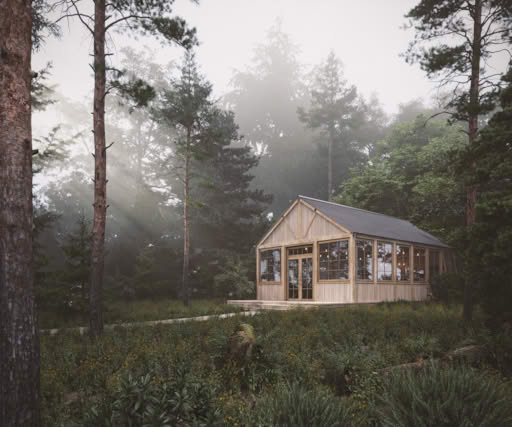 Scandinavian wooden café in the forest with large windows and natural light, Swedish café exterior design.