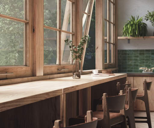 Minimalist Swedish café window bar with wooden counter and plants, Scandinavian coffee shop design.