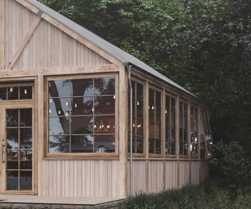 Scandinavian café wooden façade with large glass windows surrounded by forest.