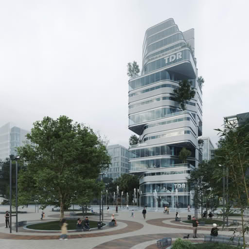 Daytime view of TDR Tower with curved glass design, urban plaza, and modern cityscape background.