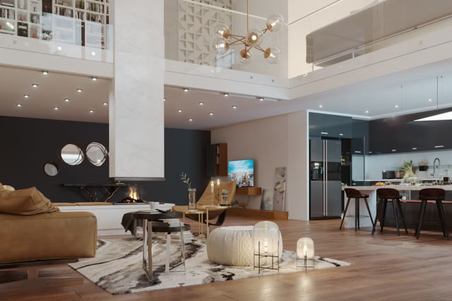 Photorealistic architectural visualization showing interior virtual tour rendering of a cozy villa with natural lighting, materials, and landscaping - demonstrating Ply Pictures' expertise in architectural visualization services