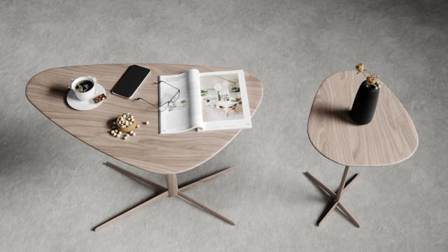 Photorealistic product visualization showing a modern table design with natural lighting, materials, and context - demonstrating Ply Pictures' expertise in product visualization services