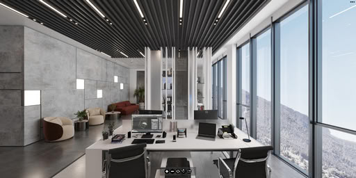 360-degree virtual reality interior of a modern open workspace with large windows, ergonomic chairs, minimalist desks, and panoramic mountain view
